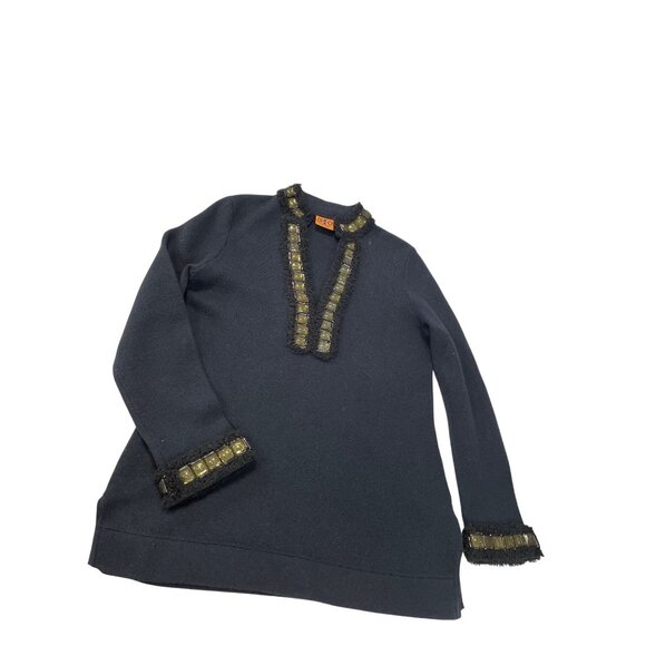 Tory Burch womans Charcoal Gray blue undertones black wool cashmere embelished S - Picture 1 of 13